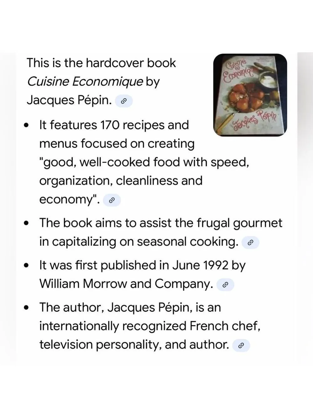 Cuisine Économique Cookbook by Jacques Pepin. 1992 signed by author. Hardback